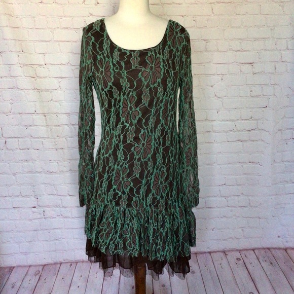 A’Reve Mint and Brown Floral Lace Tulle Long Sleeve Dress - Size Medium - Picture 1 of 9